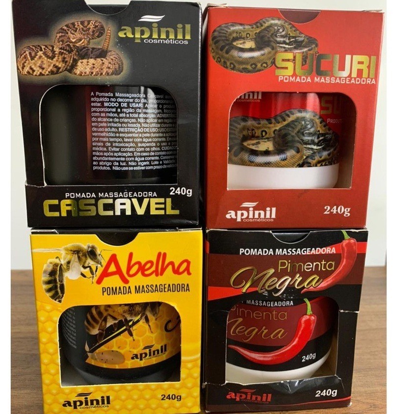Kit 4Un Pomadas Massageadoras(Cascavel/Sucuri/Abelha/Pimenta) 240g - Apinil