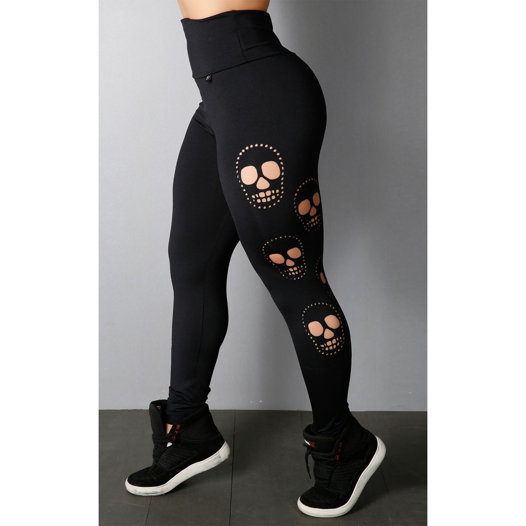 Legging Feminina Fitness Laser Caveirinhas Calça Longa Cintura Alta para Treinos e Academia