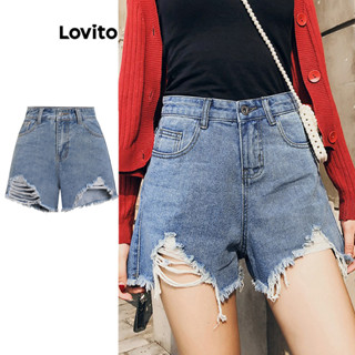 Lovito Casual Shorts Feminino Jeans Liso com Botão e Bainha Desfiada L73AD139