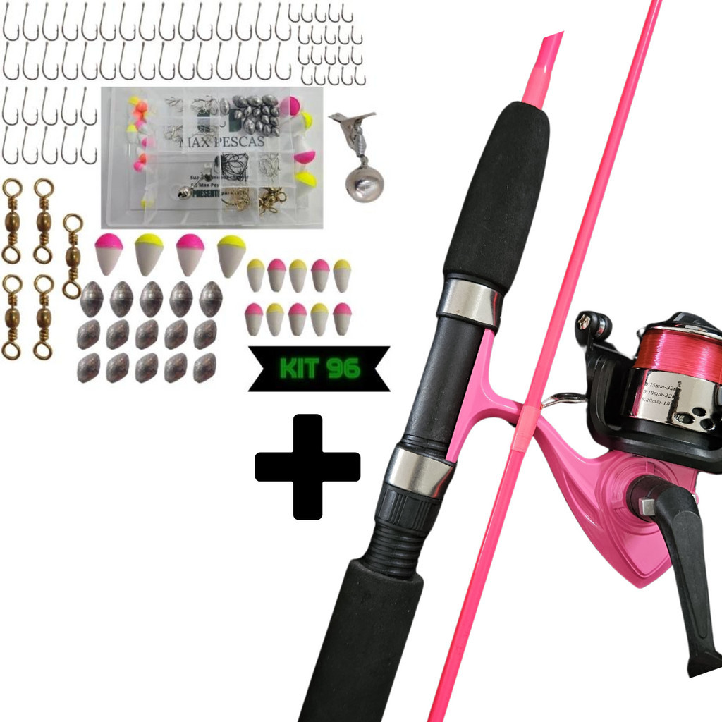 Kit Pesca Completo Feminino Rosa Vara + Molinete + Linha + Acessórios Tilápia Lambari Pacu Pesqueiro