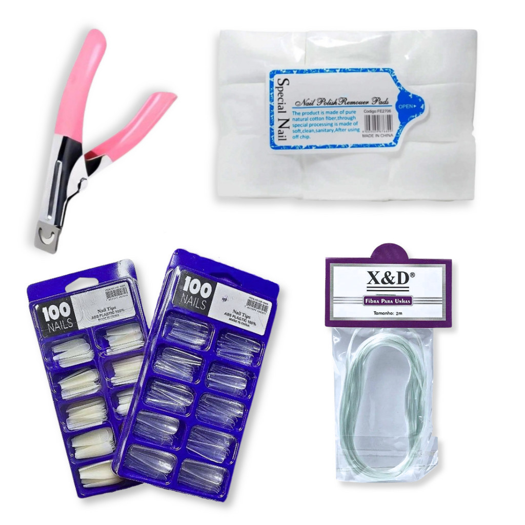 Kit 100 Tips Bailarina + Alicate De Tips + Fibra 2m + Algodão Prensado Para Unhas Manicure