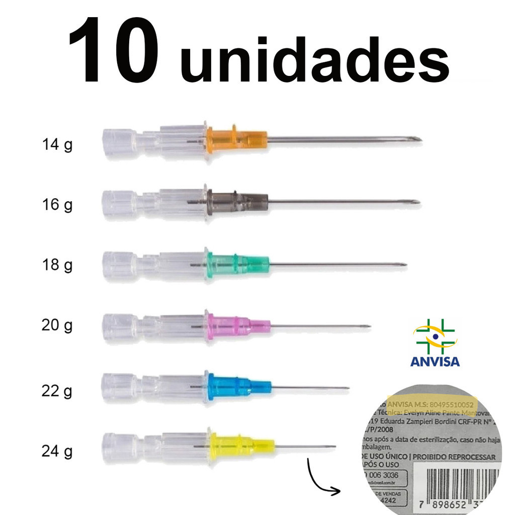 Kit 10 cateter jelco intravenoso Estéril Body piercing 14 16 18 20 22 24 em Oferta na Shopee