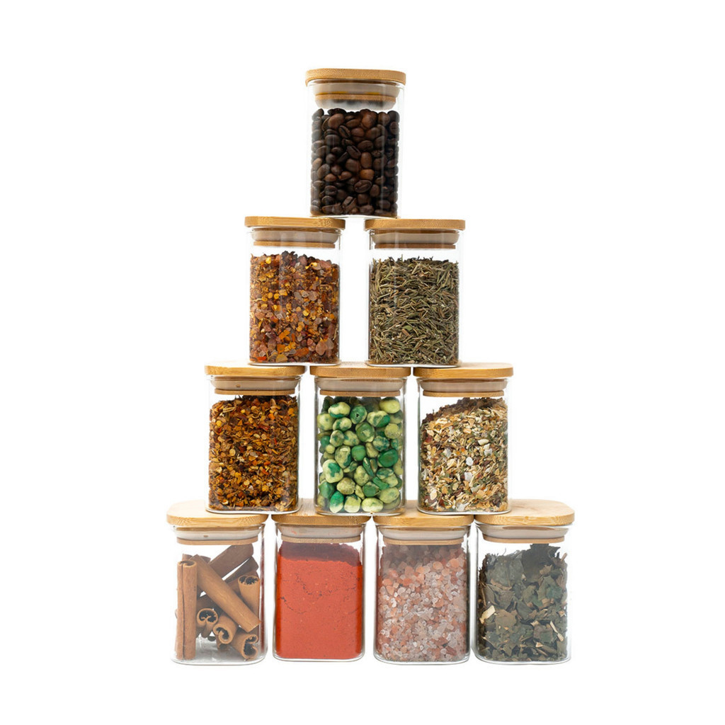 Kit 10 potes de vidro 200ml tampa de bambu herméticos quadrados - Tud - Home & Living