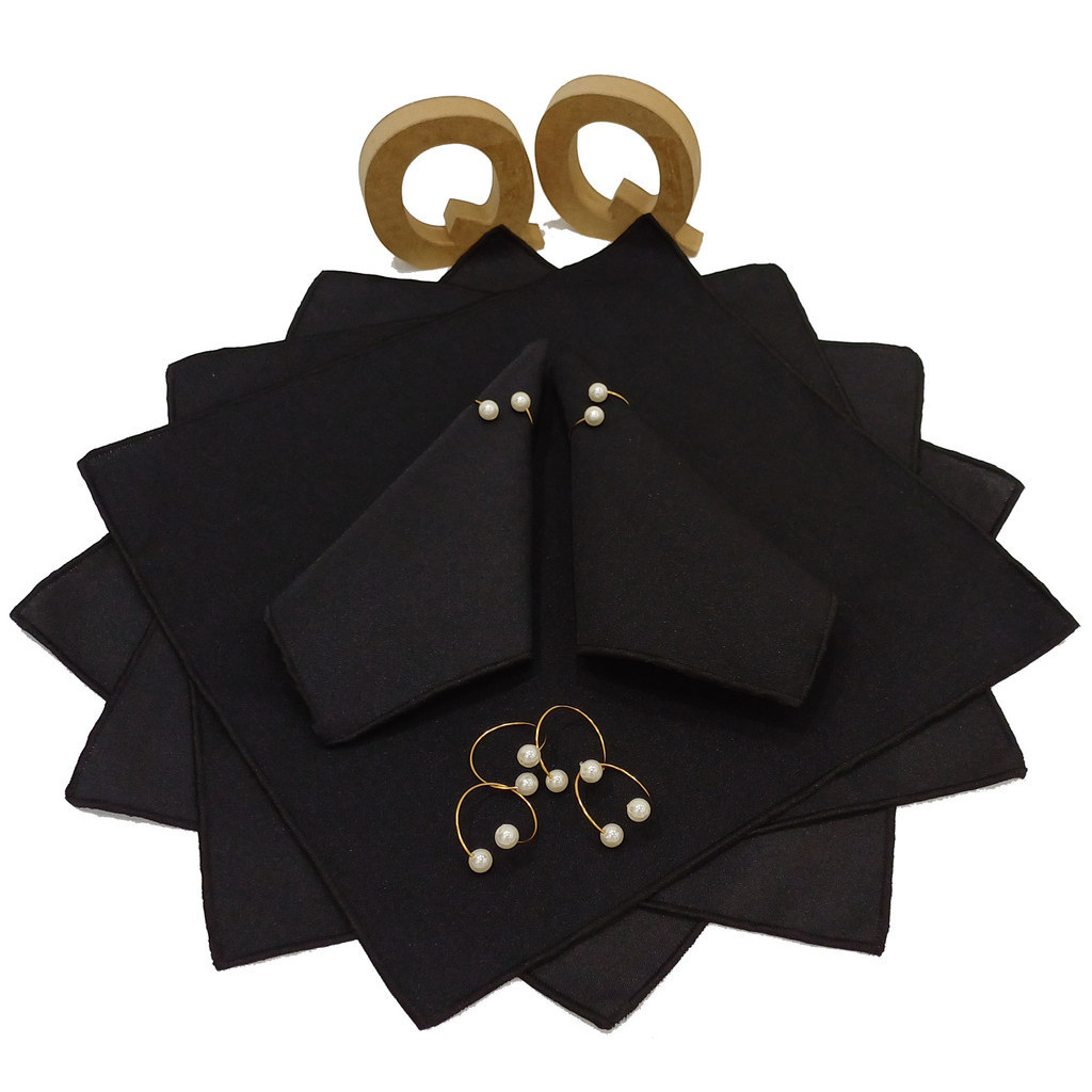 kit 6 Guardanapos Pretos Tecido Oxford 35x35 com 6 PG Pérola