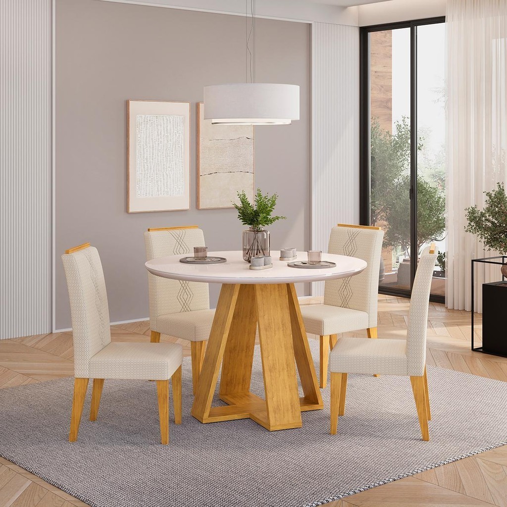 Conjunto Sala de Jantar 4 Cadeiras Tampo Redondo DJ Móveis Kiara Cedro Yasmin Linho Neve em Oferta na Shopee