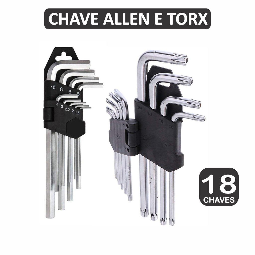 Kit Jogo de Chave Torx + Chave Allen Longa 18 Peças Aço Cromo Vanadium + Suporte Flexivel em Oferta na Shopee
