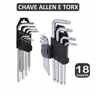 Kit Jogo de Chave Torx + Chave Allen Longa 18 Peças Aço Cromo Vanadium + Suporte Flexivel em Oferta na Shopee