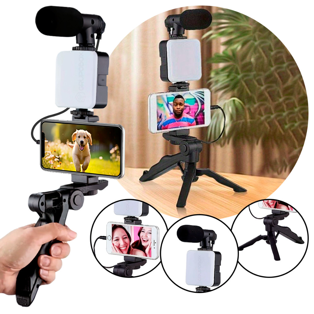 Tripé Estabilizador Para Celular Com Microfone Iluminação Live Vlog  Gravação De Videos em Oferta na Shopee