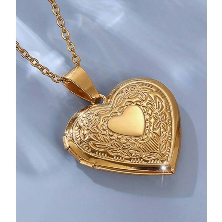 Colar coracao relicario Feminino Masculino Dourado Aco inox para fotos 50cm