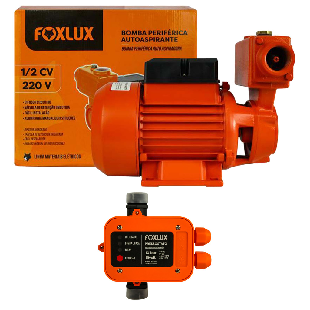 Kit Bomba Periférica Autoaspirante Foxlux 1/2CV 220V + Pressostato | pressurização eficiente em Oferta na Shopee