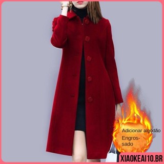 Com Forrado Moda Sobretudo De Cor Lisa Para frio De lã Lapela Elegante 2024 Casual Para Outono/Inverno Plus size Feminino Casaco Longo Grosso