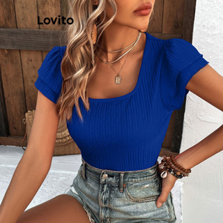 Lovito Casual Camiseta Feminina Simples com Babado de Camada Dupla LNL36083 (Rosa/Azul/Preto)