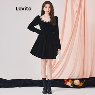 Lovito Casual Vestido Feminino Liso de Festa Drapeado de Veludo com Strass L70AD080 (Preto)
