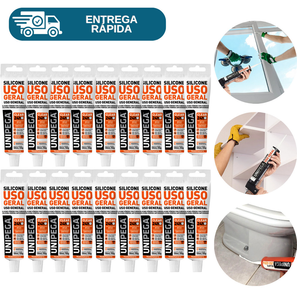 Kit 20 Silicone Adesivo Hibrido Uso Geral 50g Transparente Bisnaga Cola Vedação Com Fungicida Unipega Azulejo Pia Box