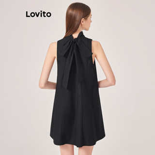 Lovito Casual Vestido Feminino Liso com Laço Traseiro L71ED236 (Preto)