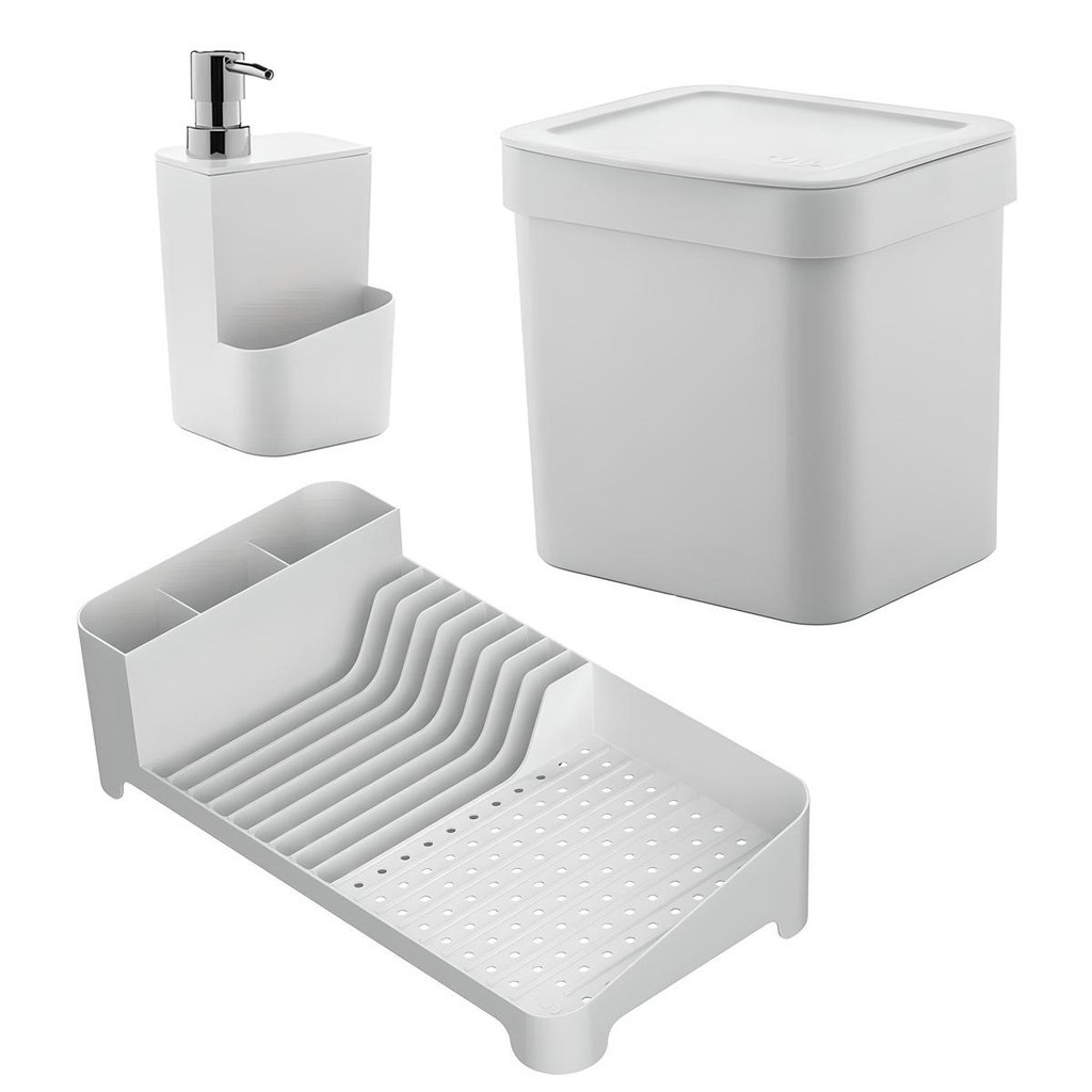 Kit Escorredor de Louças + Lixeira + Dispenser de Detergente Branco - Ou - Home & Living