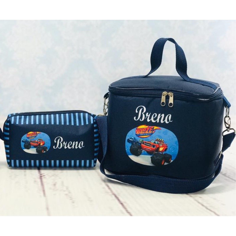 Kit Lancheria Térmica e Estojo Carros Blaze personalizado com o nome