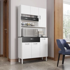 Armário de Cozinha 6 Portas com Nicho Vogue Branco/Linho preto Kits Paraná
