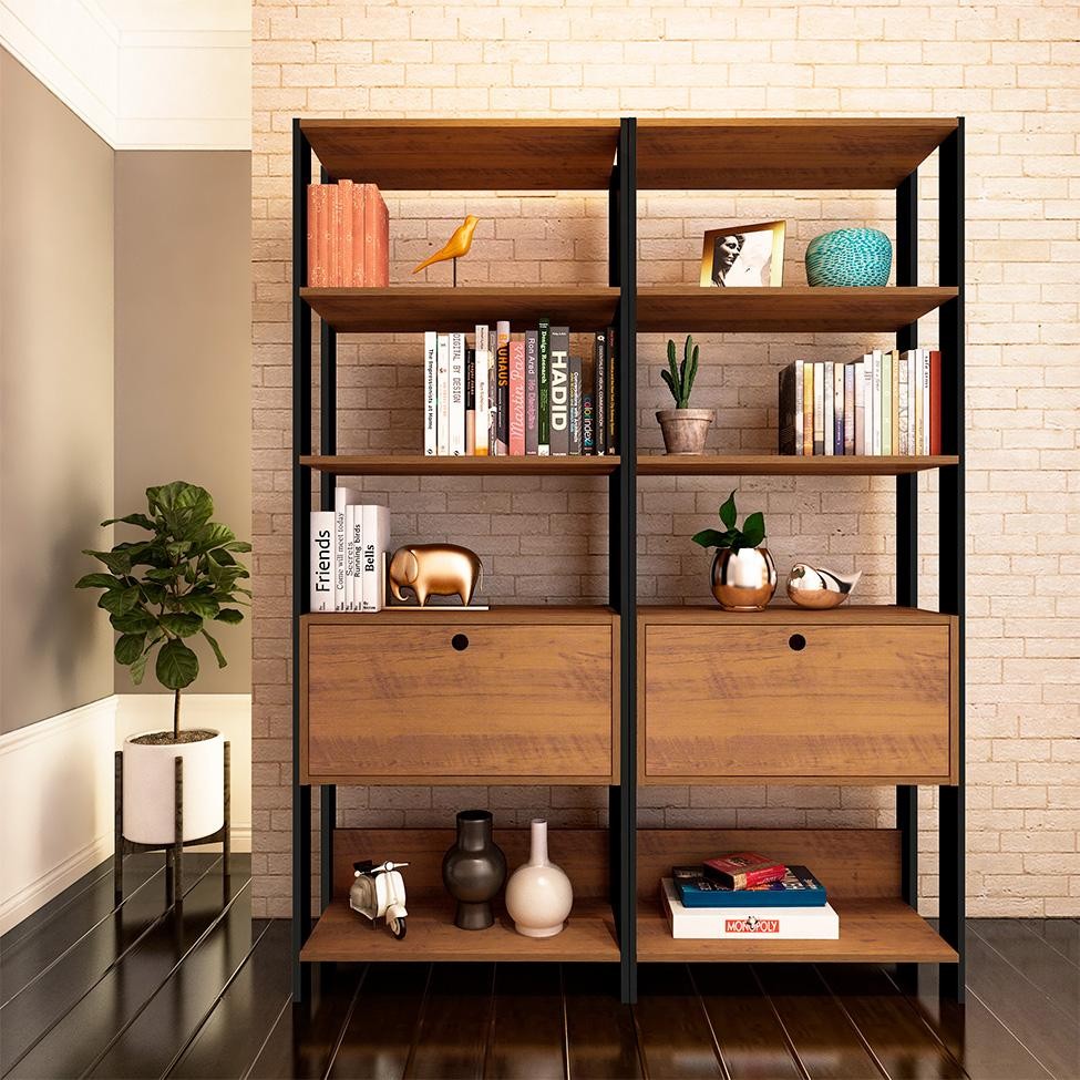 Conjunto com 2 Estantes Match 2 PT Pinho e Preto em Oferta na Shopee