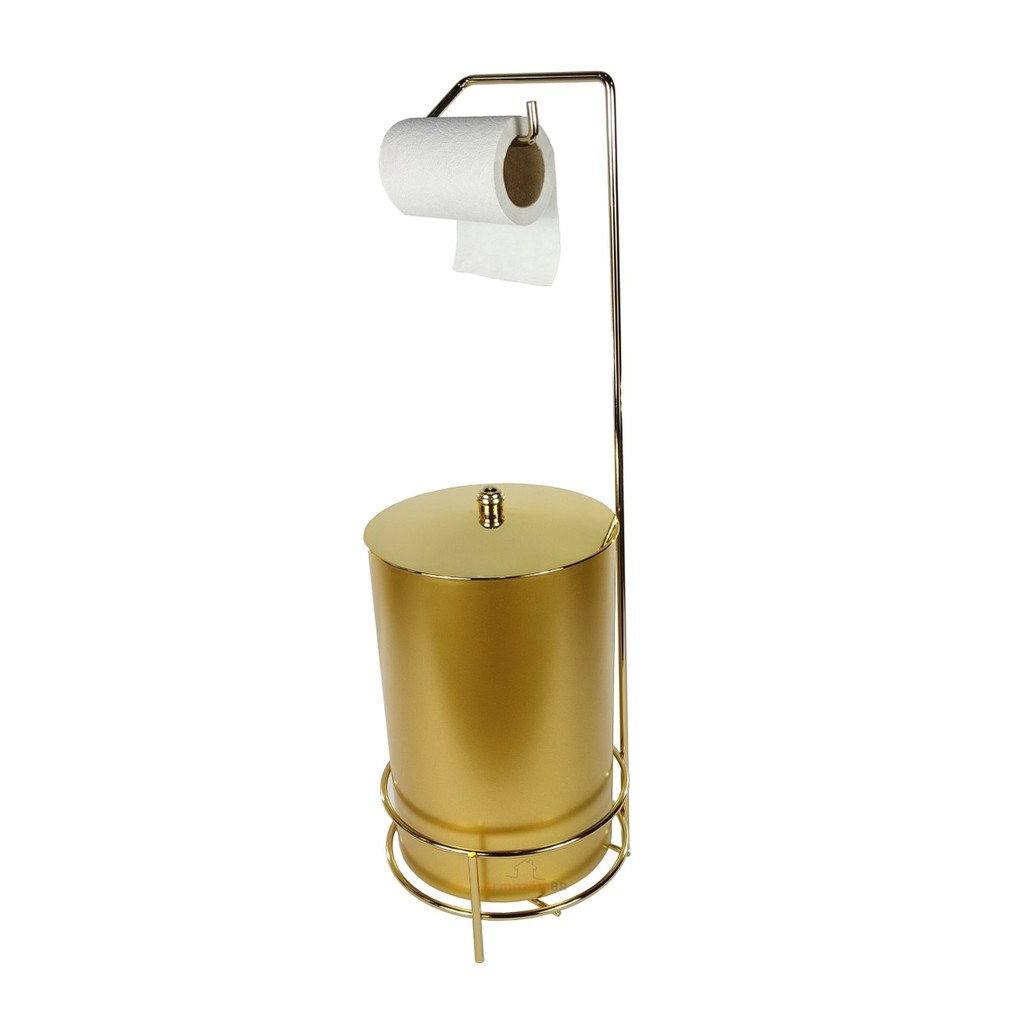 Kit Suporte Porta Papel Higiênico + Lixeira 8 Litros Dourado Banheiro - AMZ