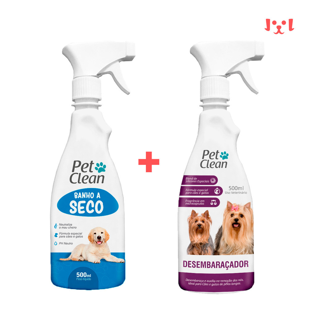 Kit Spray Banho a Seco Sem Enxágue 500 ml + Desembaraçador de Pelos Cachorro e Gato Pet Clean 500ml em Oferta na Shopee