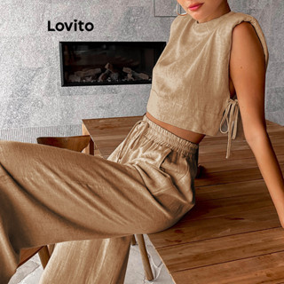 Lovito Conjuntos De Calças Casuais Lisas Com Cordões Para Mulheres LNL36006 (Cáqui)