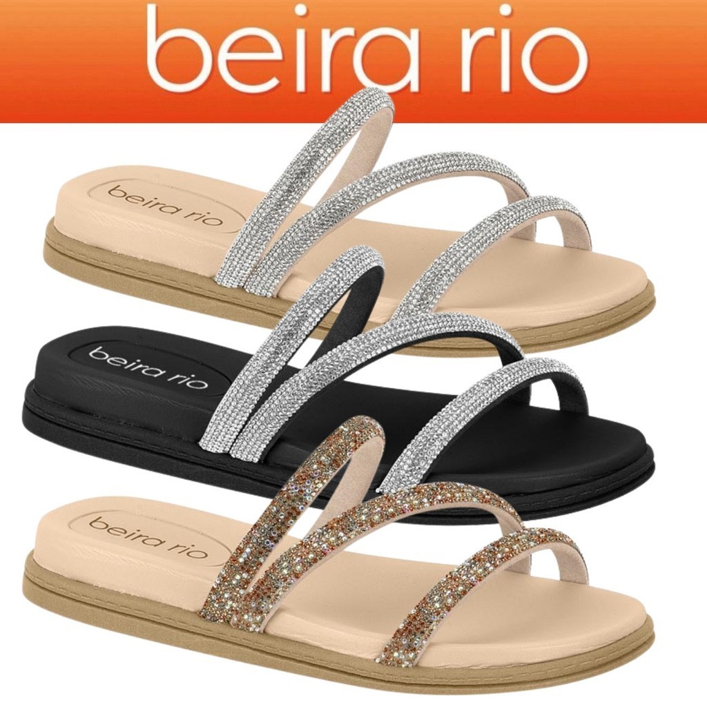 Sandália Feminina Beira Rio Rasteira Chinelo Multi Tiras Brilho Strass Promoção em Oferta na Shopee