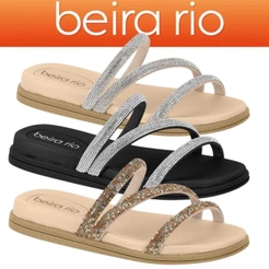 Sandália Feminina Beira Rio Rasteira Chinelo Multi Tiras Brilho Strass Promoção