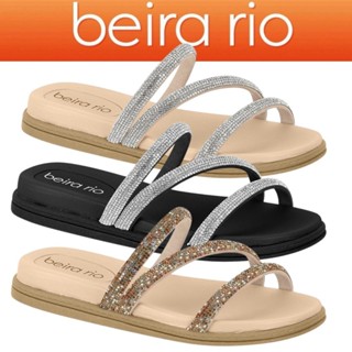 Sandália Feminina Beira Rio Rasteira Chinelo Multi Tiras Brilho Strass Promoção em Oferta na Shopee