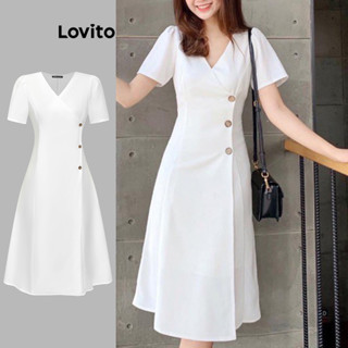 Lovito Casual Vestido Feminino Liso Cruzado com Botão L70AD091 (Branco)