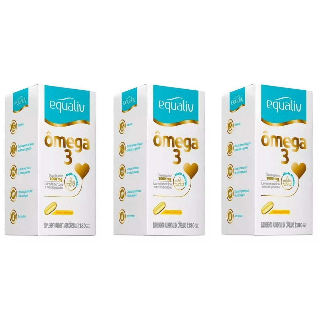 Kit com 3 Suplemento Equaliv Omêga 3 Sem Sabor c/ 180Cps Gel