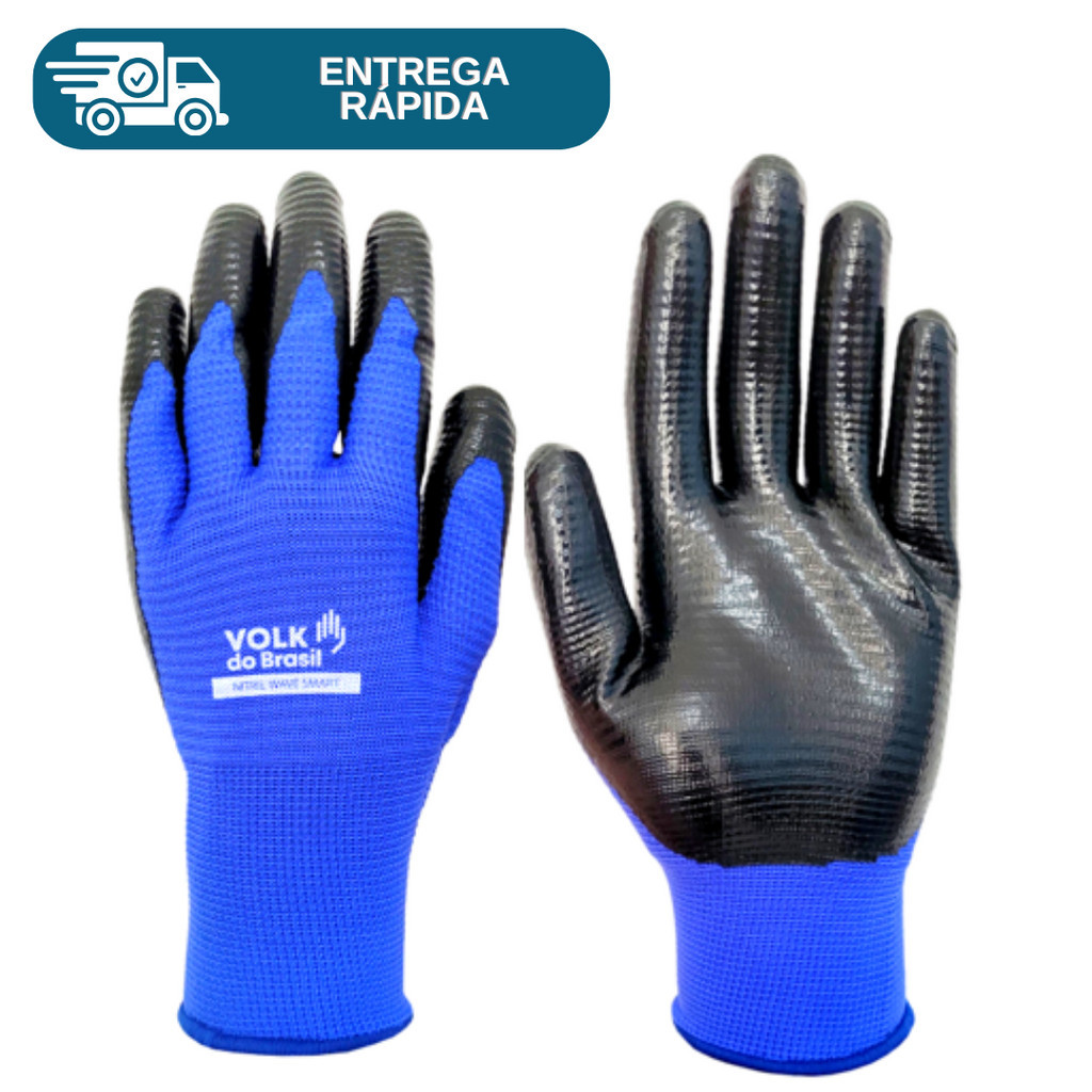 Luva Nitril Wave Smart Revestida Banho Nitrílico Impermeável Azul Óleo Multitato Volk Proteção Epi Nitrilica