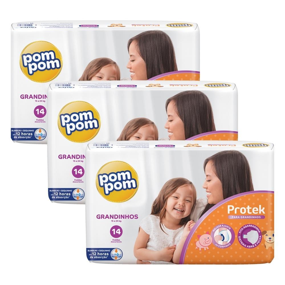 Kit 3 Fraldas Pom Pom Protek Jumbo G com 14un cada em Oferta na Shopee
