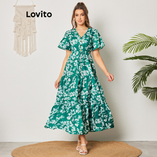 Lovito Boho Vestido Feminino Floral com Babados e Botão Frontal LBL08154