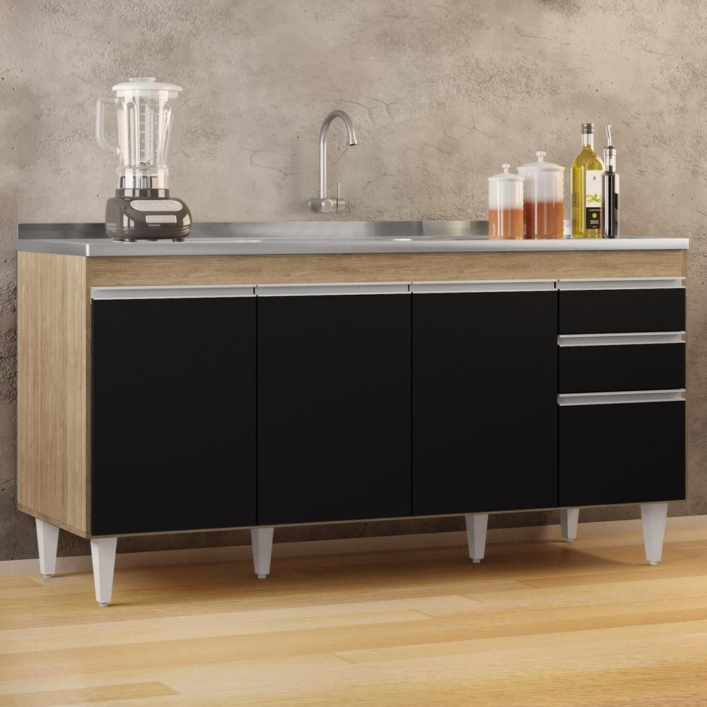 Balcão Gabinete com Pia Inox 160cm Arkansas Castanho/Preto - Lumil em Oferta na Shopee