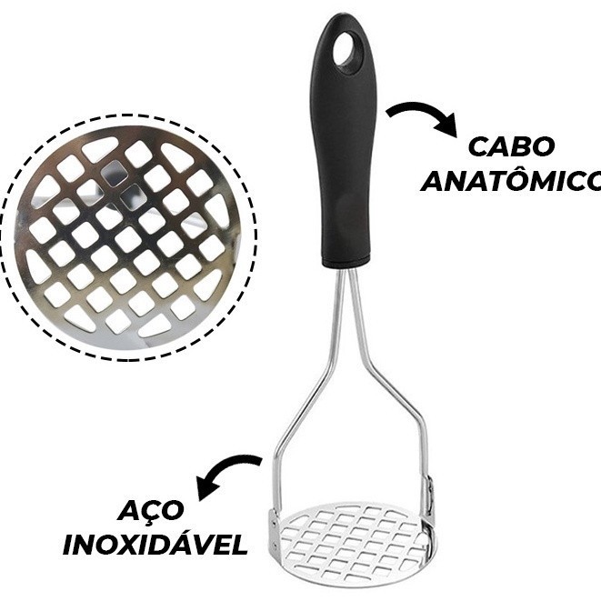 Amassador Batatas Espremedor Manual Legumes Multiuso Aço Inox Com Cabo Plastico Cozinha Multiuso