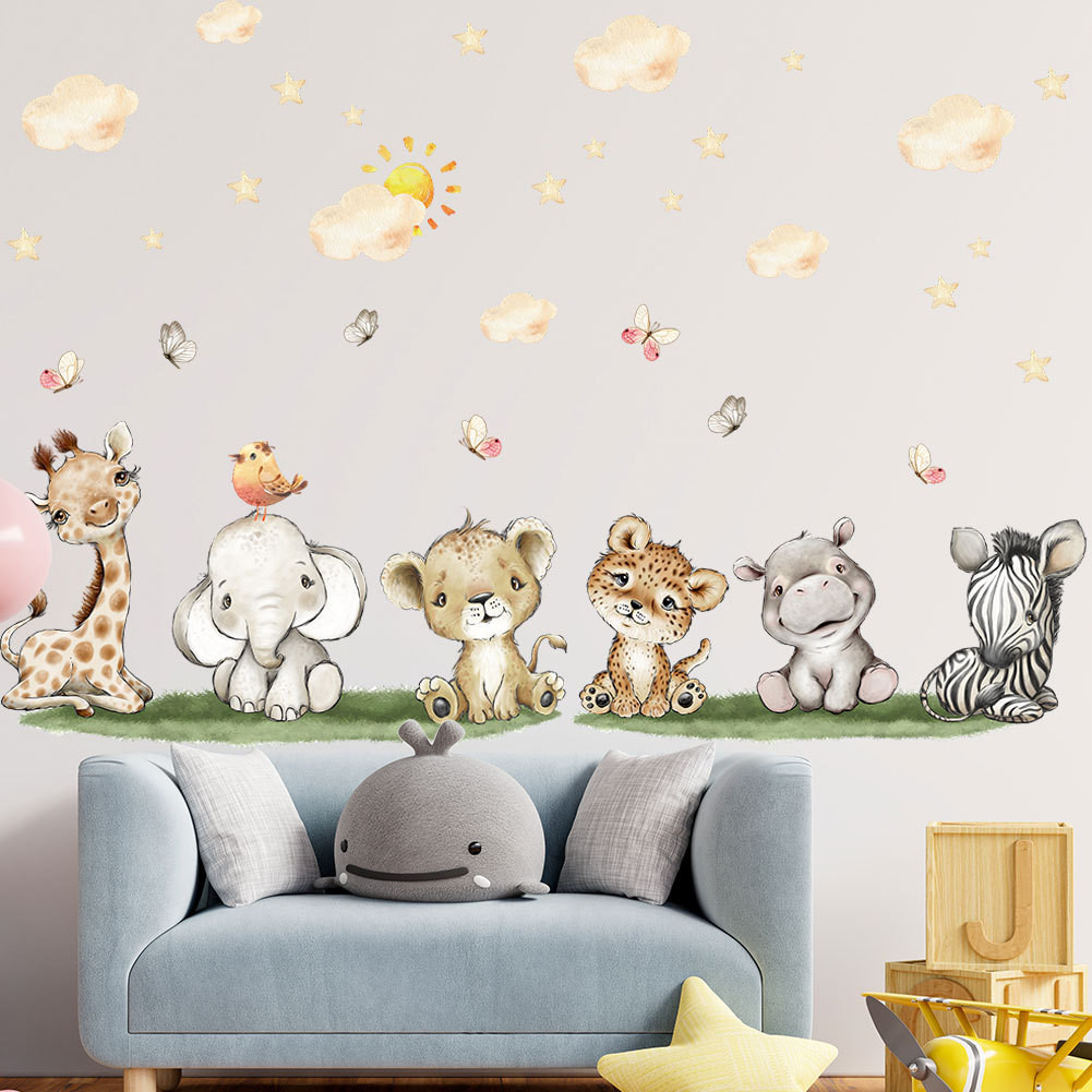 Desenho animado Autocolantes de parede Girafa Elefante Zebra Elefante Girafa, Fundo do Quarto de Crianças Autocolantes Decorativos Papel de Parede do Jardim de Infância Autocolante