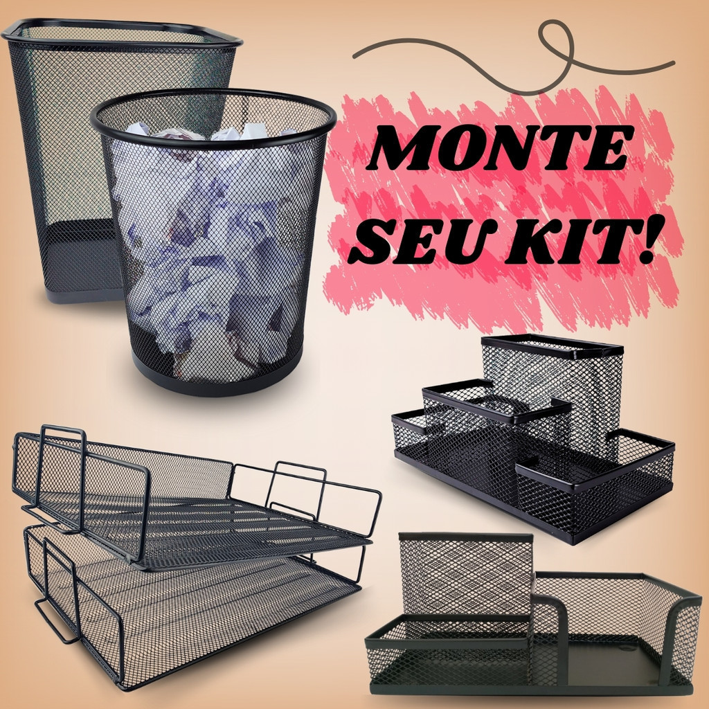 Kit Organizadores Escritório, Lixeira, Organizador Porta Canetas, Bandeja Prateleira, Arquivo PRETO