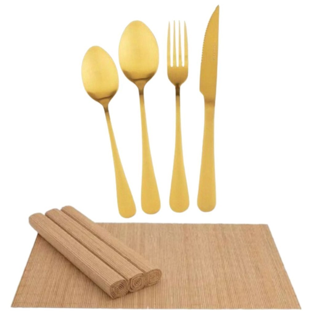 Kit 28 Peças Jogo Talheres Aço inox Ibiza Gold Dourado Com Jogo Americano tipo Esteira Mesa Posta Faqueiro Luxo Decoração Utensílios Domésticos Garfo Colher Faca Ouro uso Residencial ou Restaurantes