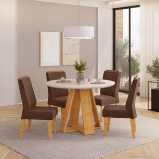 Conjunto Sala de Jantar 4 Cadeiras Tampo Redondo DJ Móveis Kiara Cedro Lidia Veludo Moca em Oferta na Shopee