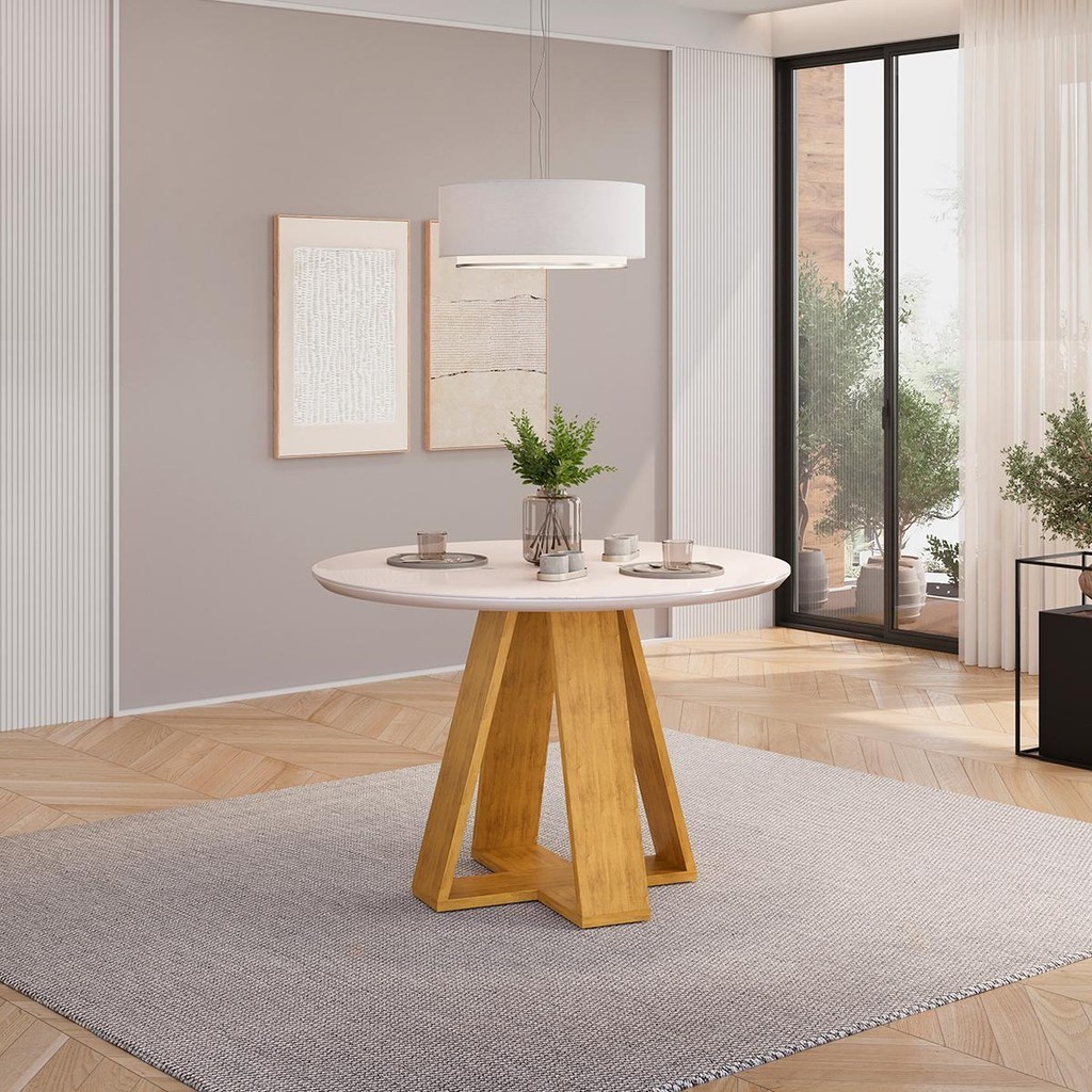Mesa de Jantar Tampo Redondo Chanfrado Curvo DJ Móveis Kiara Cedro Off White em Oferta na Shopee