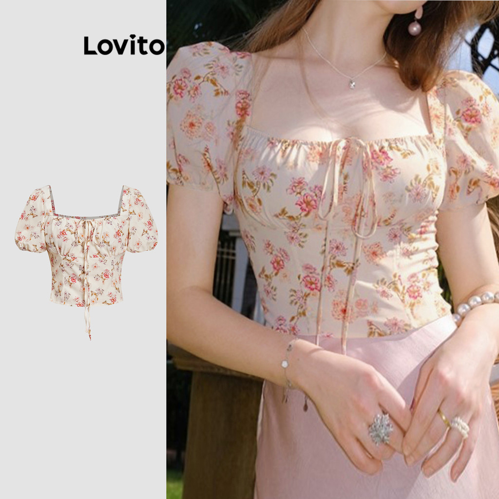 Lovito Blusa Casual Floral Flores Rendas Até Blusa De Verão Para Mulheres L116LD291 - Women Clothes