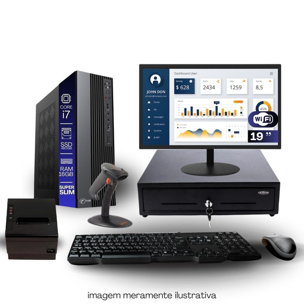 Kit PDV TOB i7 16GB SSD 480GB Win11 Rede S/Fio Teclado Mouse Monitor 19" Gvt. Dinheiro  Imp. Térmica Leitor Cód Barras
