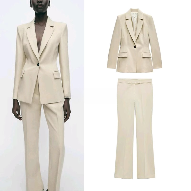 Blazer Slim Fit + Calça Wide Leg Feminino 2025 com Ombreiras