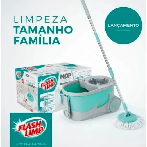 Mop Giratorio Ciclone, Balde 20 litros com cesto inox e Rodinhas, MOP7290, Flash Limp