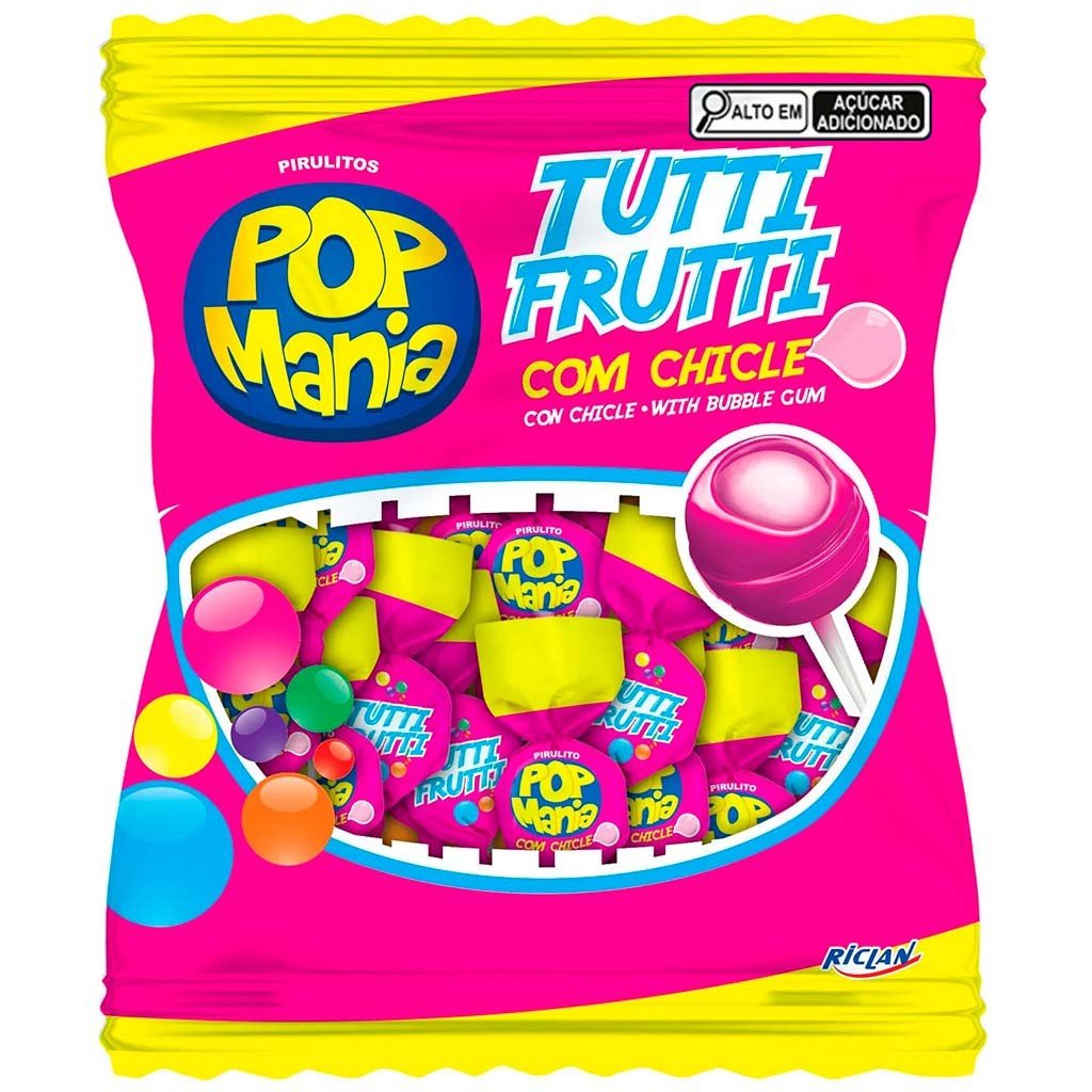 Pirulito Pop Mania Tutti Frutti Recheio Chiclete 500g - Riclan