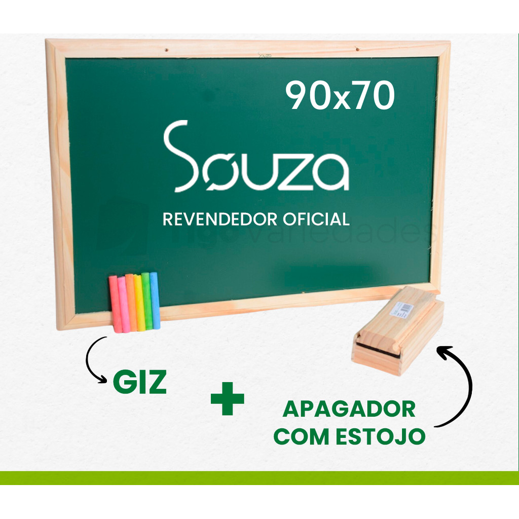 Lousa quadro escolar 90x70 Souza com porta giz apagador e giz em Oferta na Shopee