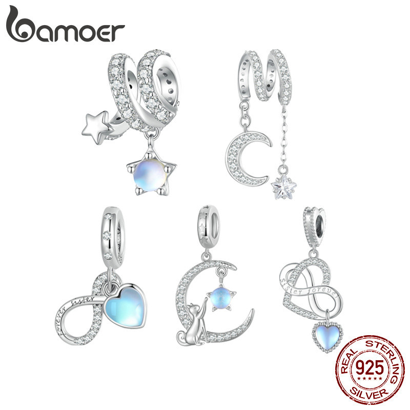 Bamoer 925 Sterling Silver Swaying Moonlight Bead Moon E Star Irregular Charmes Para Mulheres Pulseira Bangle Fine Jewelry - Fashion Accessories