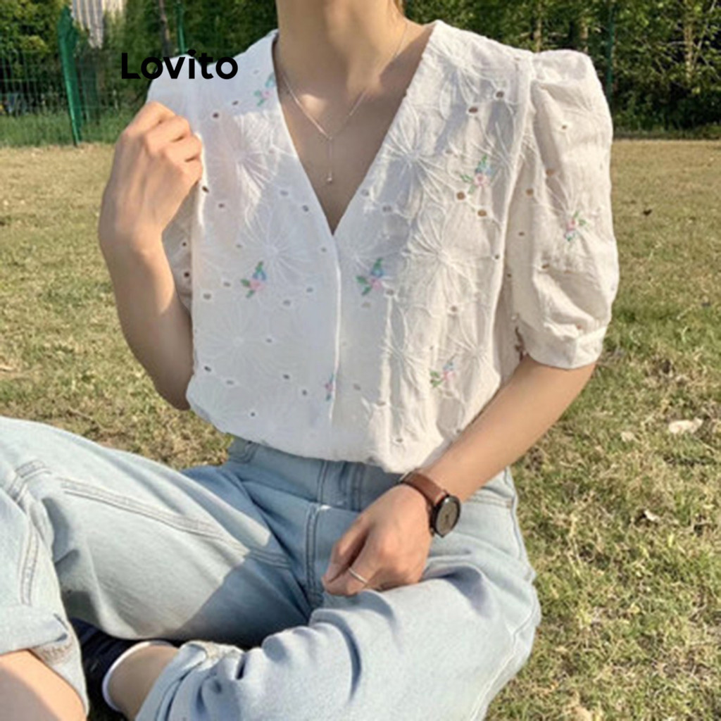 Lovito Casual Blusa Feminina Floral Cruzada com Bordado de Ilhós LNE27217 (Multicor)