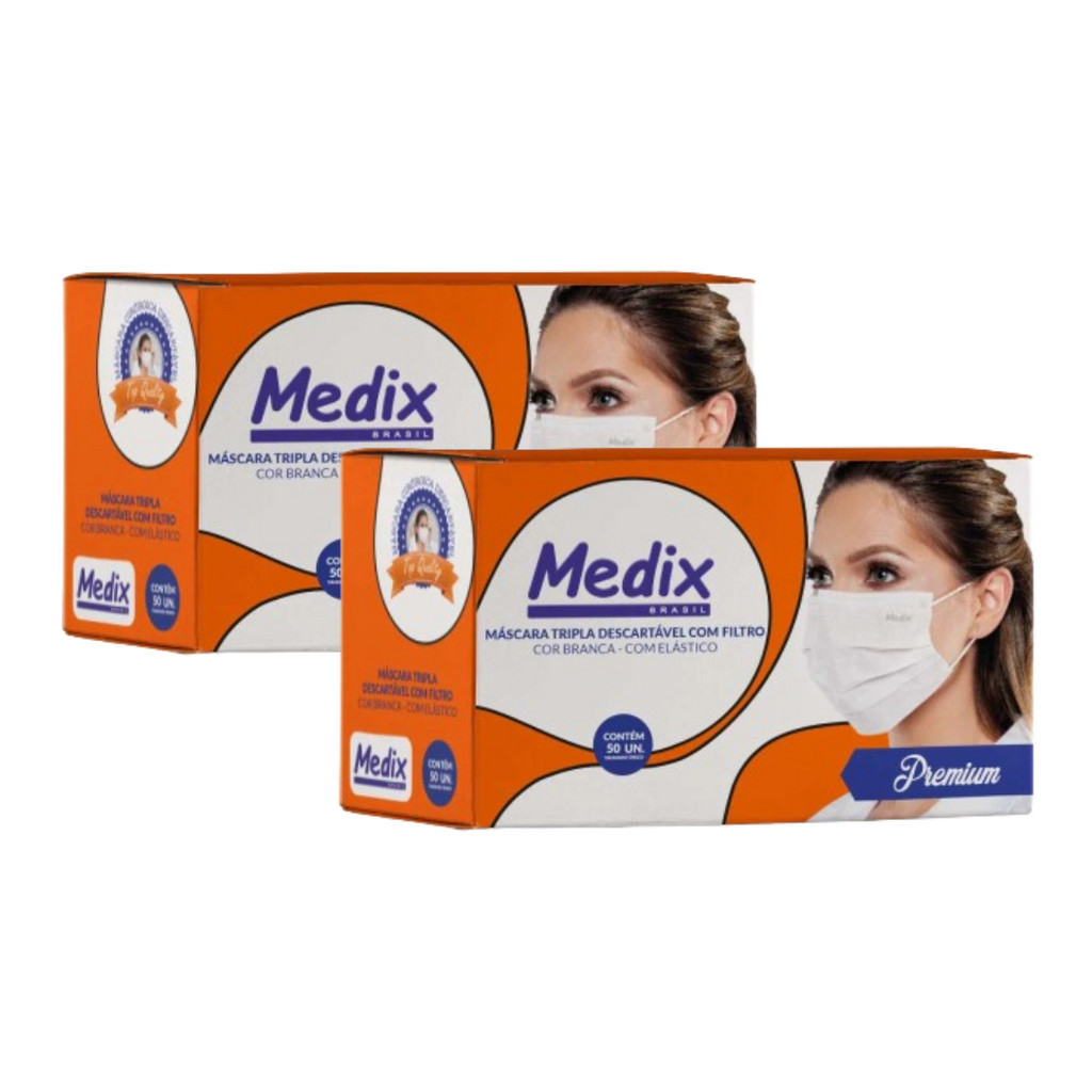 Kit com 2 Máscara Tripla Medix Descartável Com Filtro Branca 50 Unidades